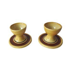 Stangle Pottery Egg Cups With Underplates Camel Yellow and Brown Speckled 1970s